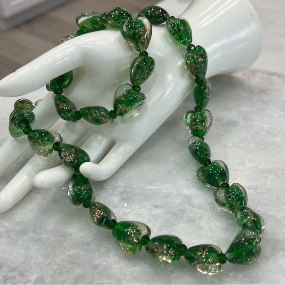 Green MURANO Style Millefiori Glass Bead Heart Necklace and Bracelet